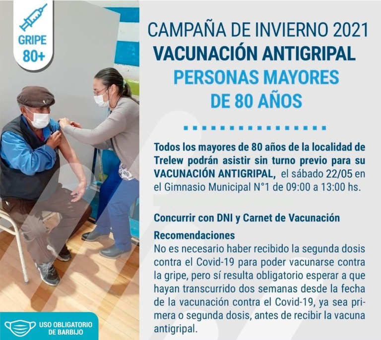 #TRELEW | Este sábado los mayores de 80 años se podrán vacunar contra la&nbsp;Gripe