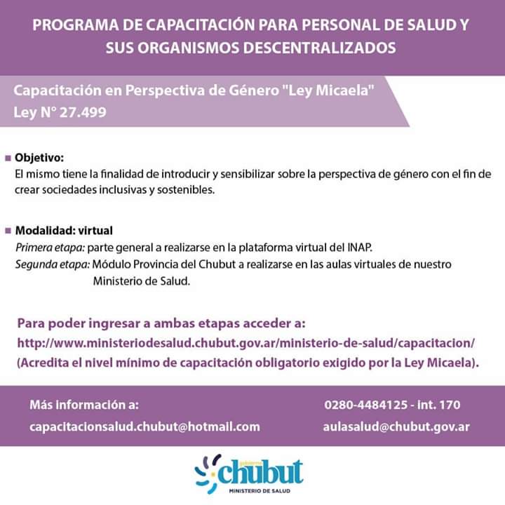 #CHUBUT | El Ministerio de Salud recordó que está disponible para su personal Capacitación en Perspectiva de&nbsp;Género