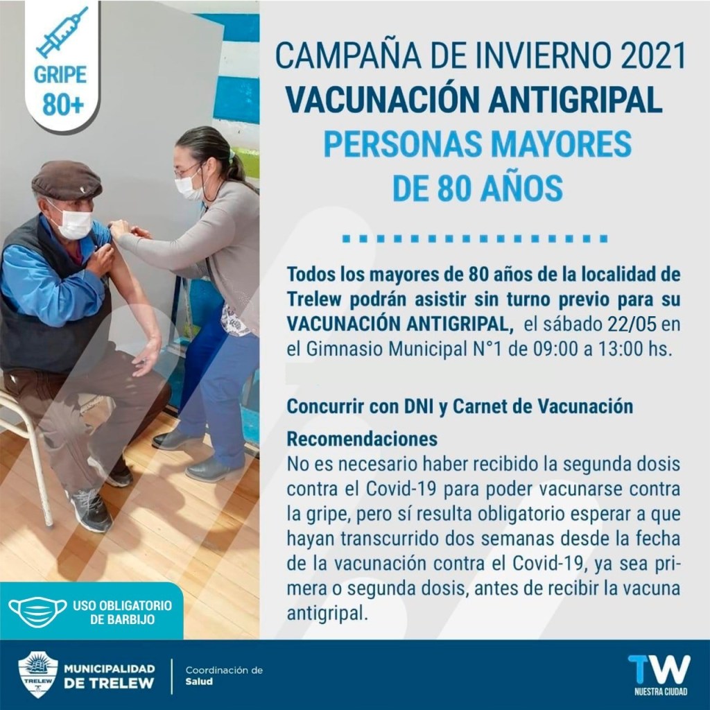 #TRELEW | Este sábado aplicarán la vacuna antigripal para personas mayores de 80&nbsp;años