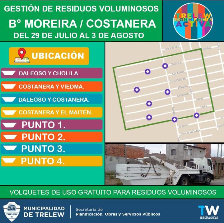 TRELEW | Ocho volquetes estarán disponibles en barrio Moreira y&nbsp;Costanera