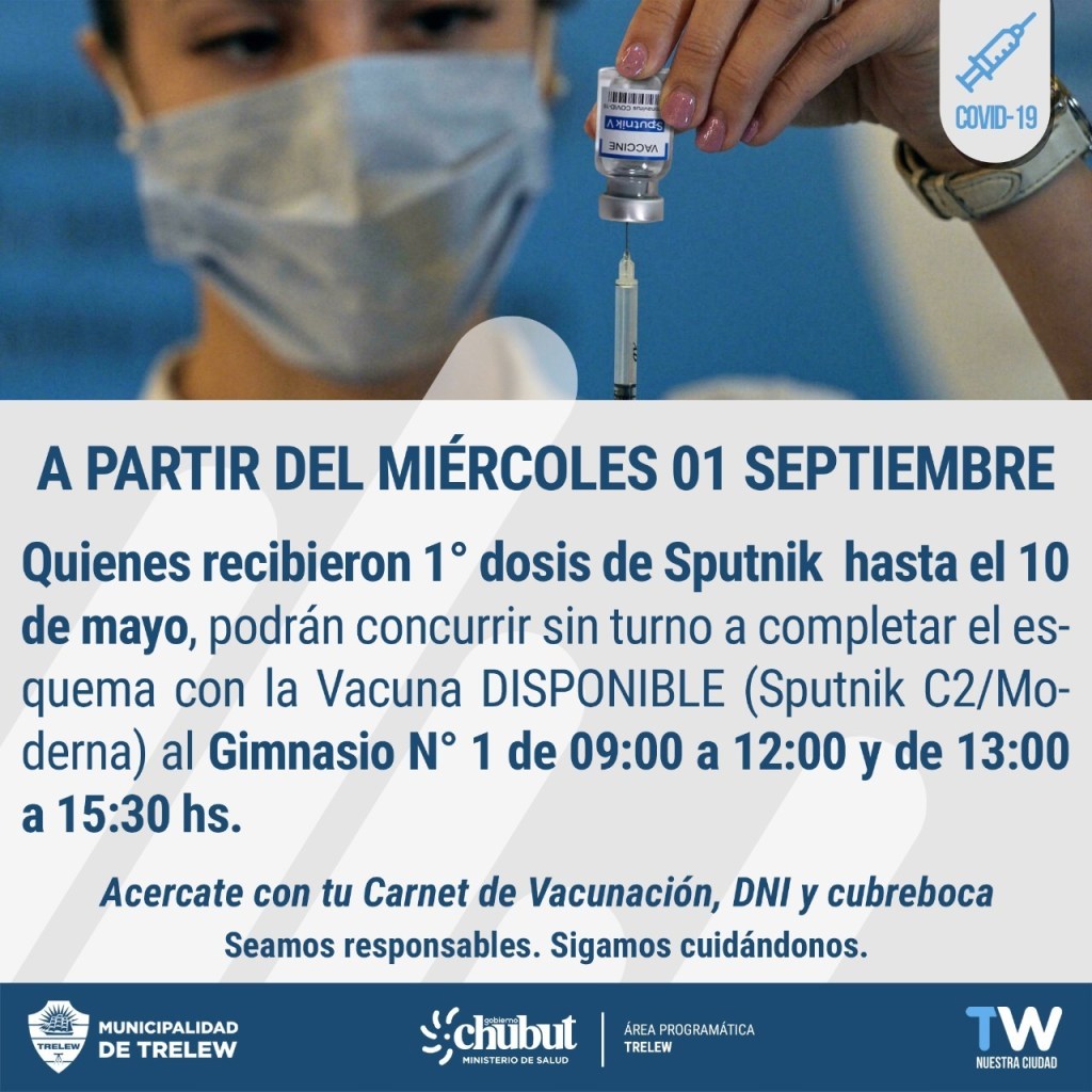 #TRELEW | APLICAN LA SEGUNDA DOSIS DE SPUTNIKV SIN TURNO DESDE EL&nbsp;MIÉRCOLES
