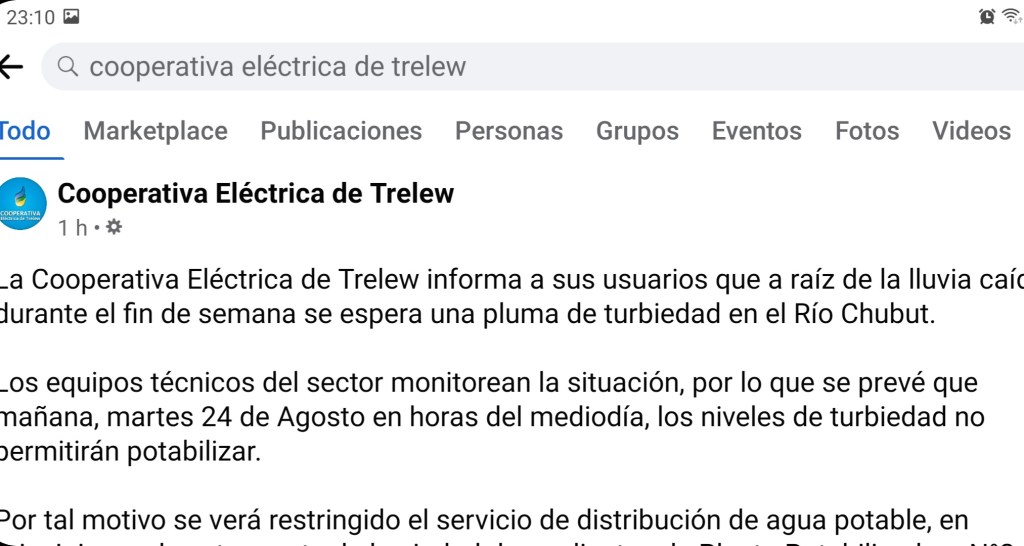 #TRELEW | NO SE POTABILIZARÁ AGUA POR LA TURBIEDAD DEL RÍO TRAS LA&nbsp;LLUVIA