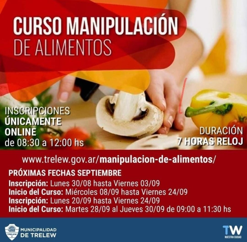 #DATO | ABIERTAS LAS INSCRIPCIONES PARA CURSO DE MANIPULACIÓN DE ALIMENTOS EN&nbsp;TRELEW