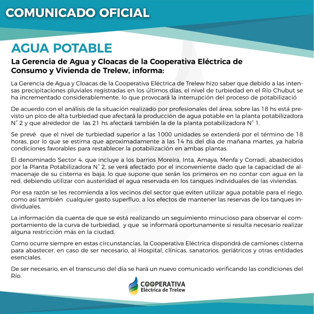 #URGENTE | SIN POTABILIZACION DE AGUA POR 18 HORAS EN&nbsp;TRELEW