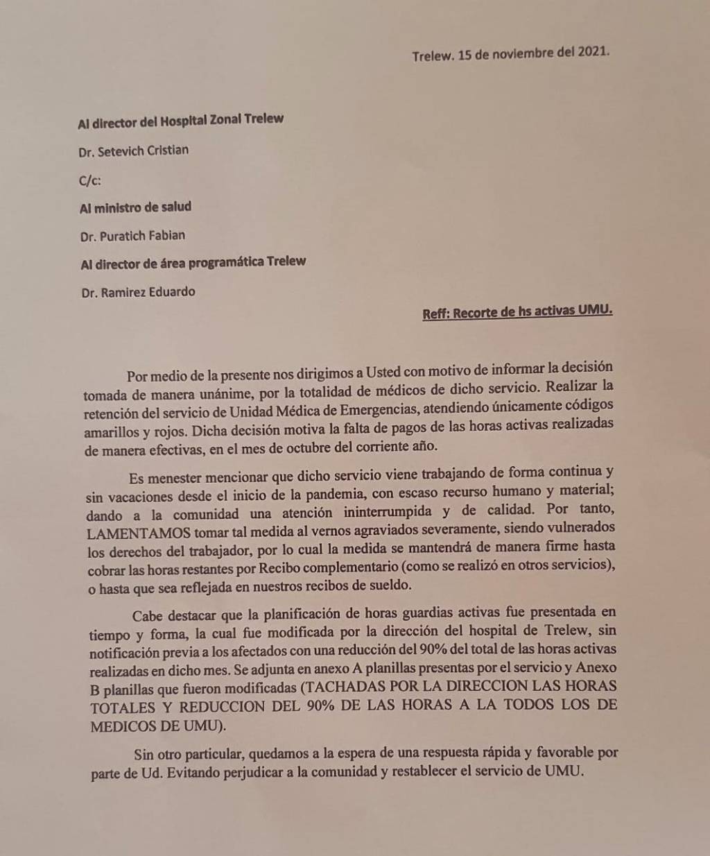 #CHUBUT | MEDICOS DE GUARDIA DEL HOSPITAL DE TRELEW COMIENZAN RETENCIÓN DE&nbsp;SERVICIOS