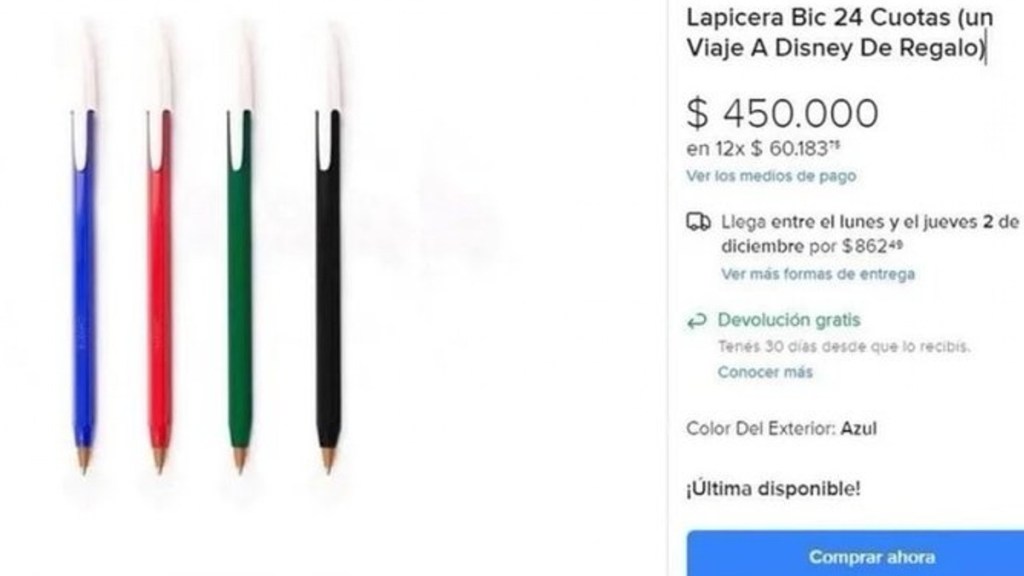 #INSÓLITO | OFRECEN CUATRO LAPICERAS POR CASI MEDIO MILLÓN DE PESOS EN 12 CUOTAS Y REGALAN UN VIAJE A&nbsp;DISNEY