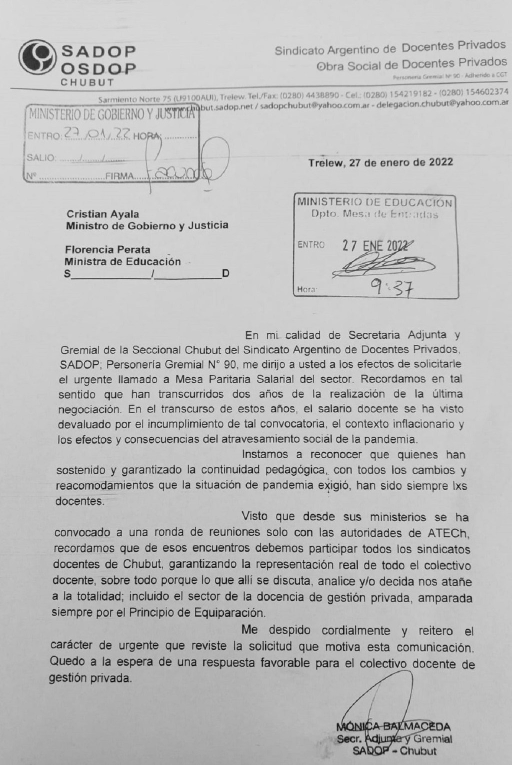 SADOP PIDE PARITARIA SALARIAL URGENTE AL GOBIERNO&nbsp;PROVINCIAL