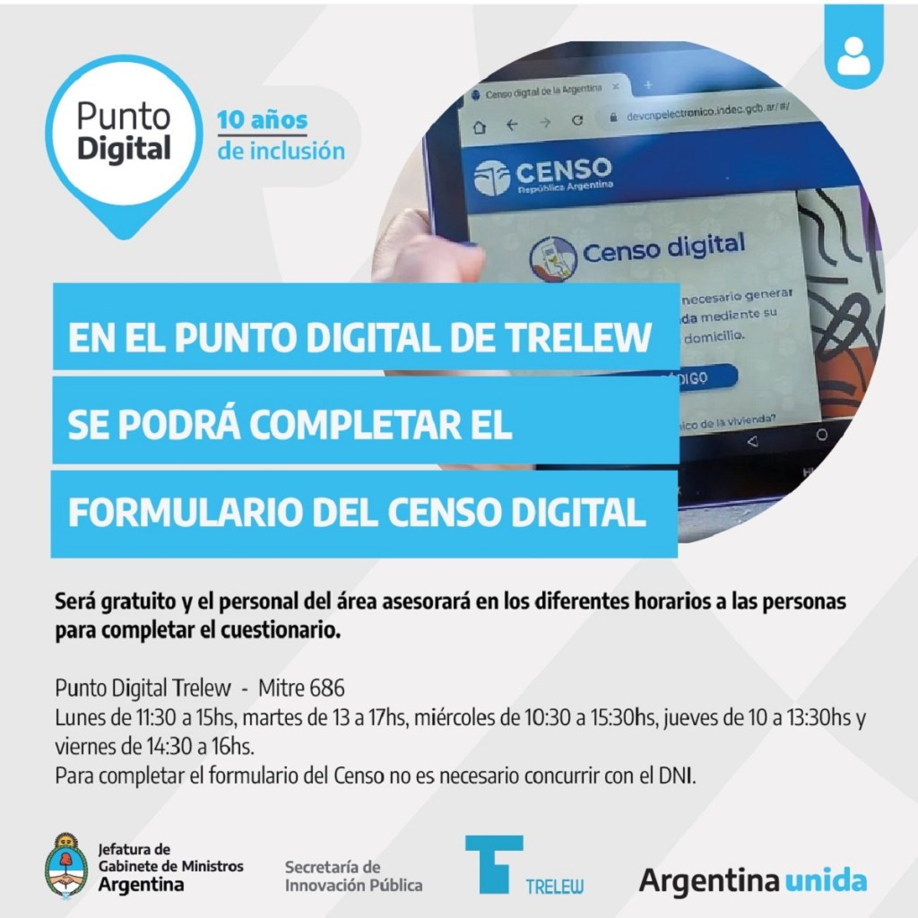 #IMPORTANTE | En el Punto Digital de Trelew se podrá completar el Censo&nbsp;Digital