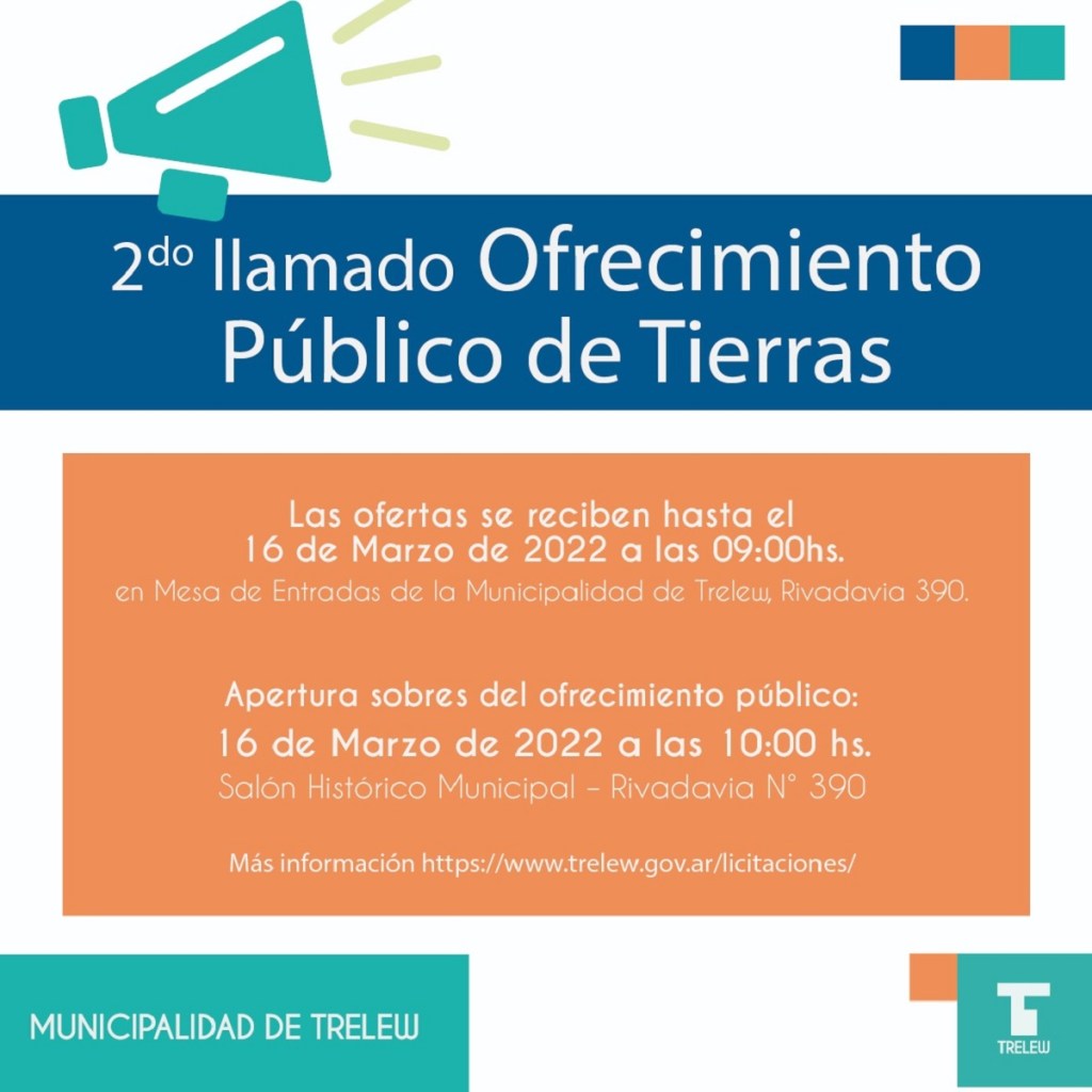 #IMPORTANTE | Segundo llamado para el Ofrecimiento Público de Tierras en&nbsp;Trelew