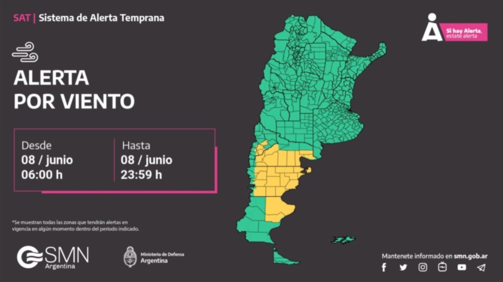 Alerta amarillo por fuertes vientos para casi toda la provincia del&nbsp;Chubut