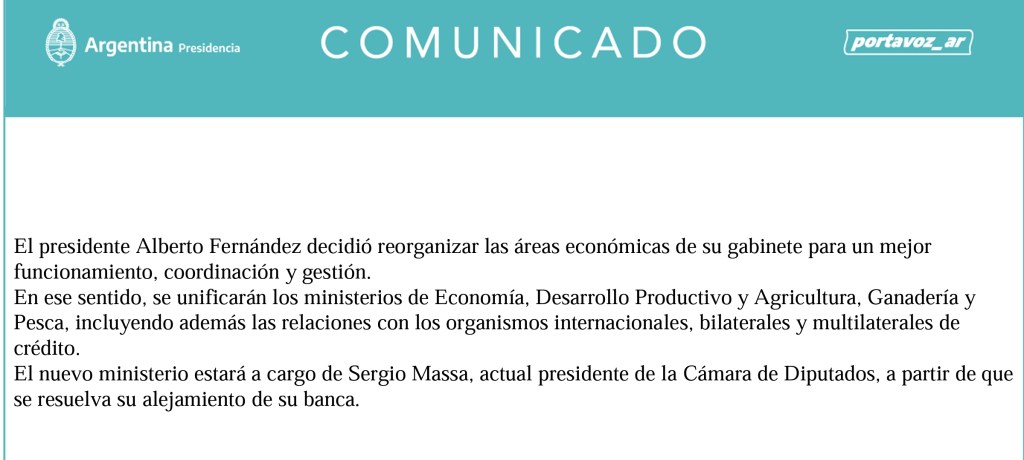 URGENTE | MASSA A CARGO DE ECONOMÍA, PRODUCCIÓN Y RELACIONES&nbsp;EXTERIORES