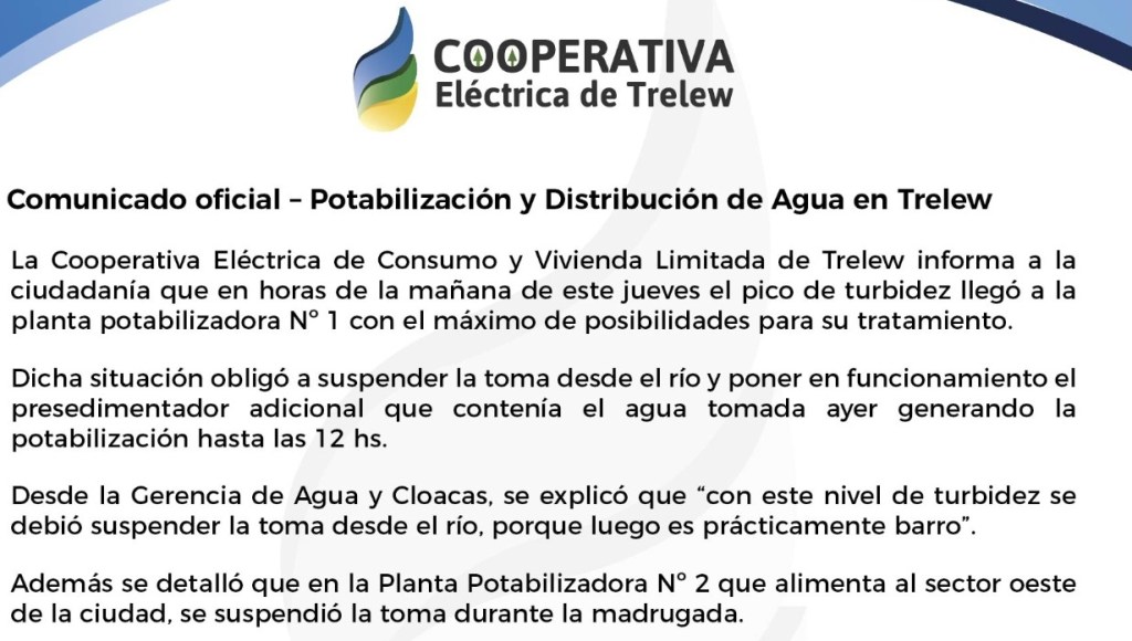 Comunicado:  Potabilización y Distribución de Agua en&nbsp;Trelew
