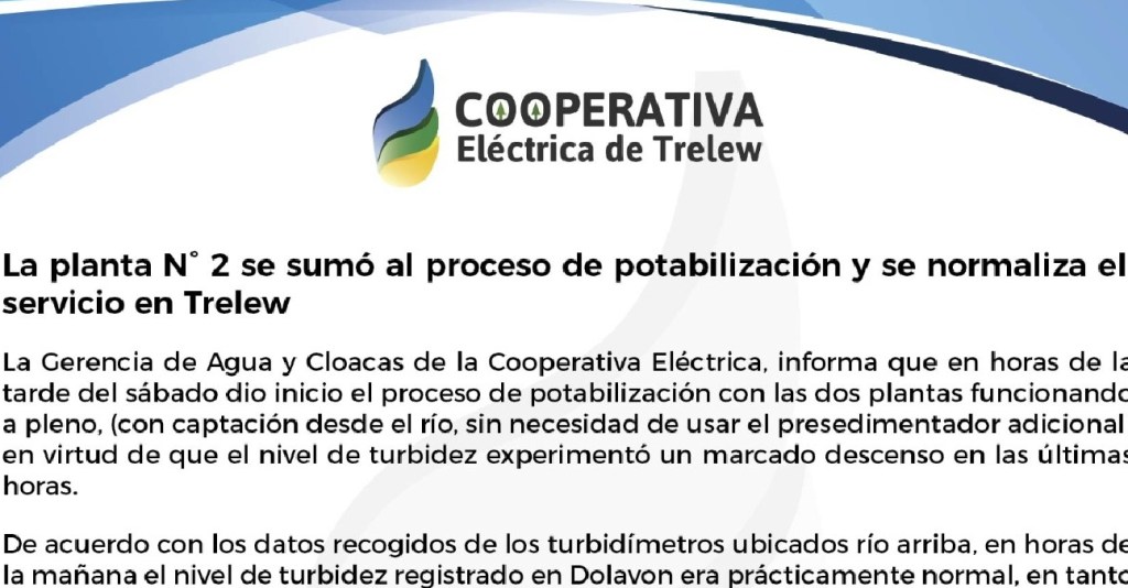 La planta N° 2 se sumó al proceso de potabilización y se normaliza el servicio en&nbsp;Trelew