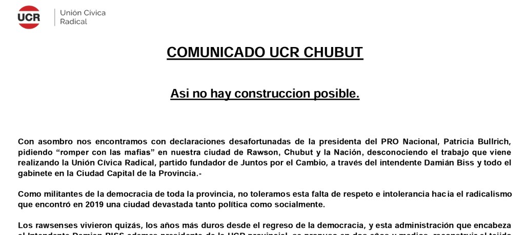 La UCR de Chubut repudió expresiones de Bullrich en&nbsp;Rawson