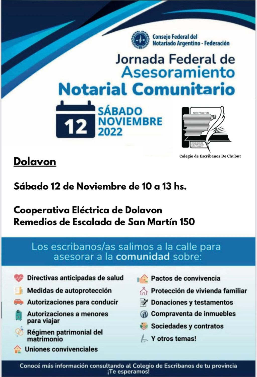 EL COLEGIO DE ESCRIBANOS DEL CHUBUT ATENDERÁ GRATUITAMENTE EN&nbsp;DOLAVON