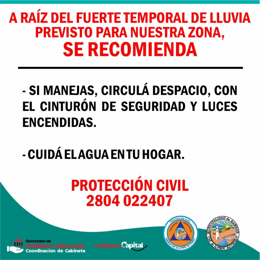 Protección Civil brinda recomendaciones ante el temporal de lluvia previsto en la&nbsp;zona