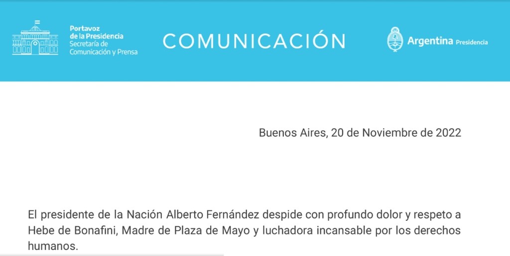 El Gobierno decreta tres días de duelo nacional por el fallecimiento de&nbsp;Bonafini