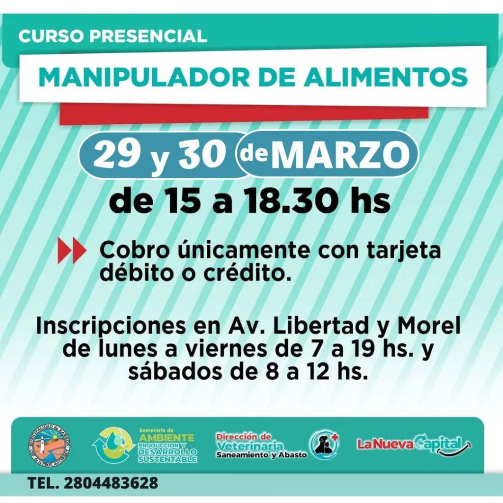 Continúa abierta la inscripción para el Curso de Manipulación de Alimentos en&nbsp;Rawson