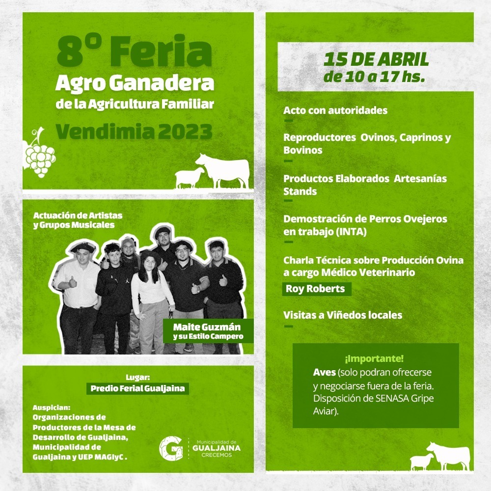 Se realizará la 8° Feria Agro Ganadera de la Agricultura Familiar y la Vendimia 2023 en&nbsp;Gualjaina