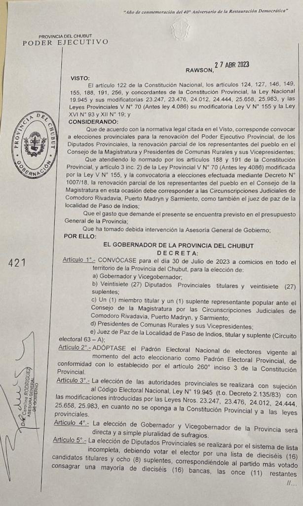 El 30 de julio serán las elecciones provinciales en&nbsp;Chubut
