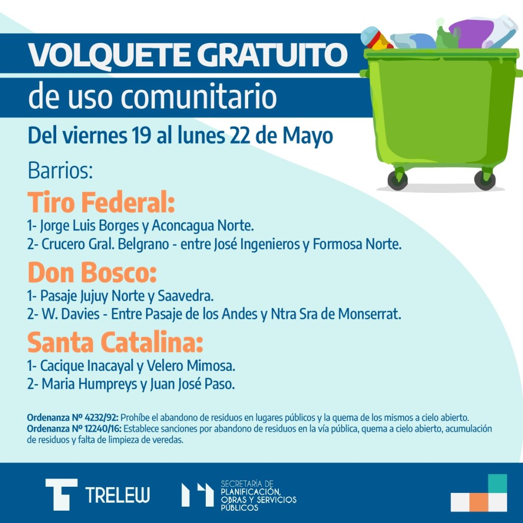 El Municipio de Trelew coloca volquetes gratuitos de uso comunitario en distintos barrios de la&nbsp;ciudad