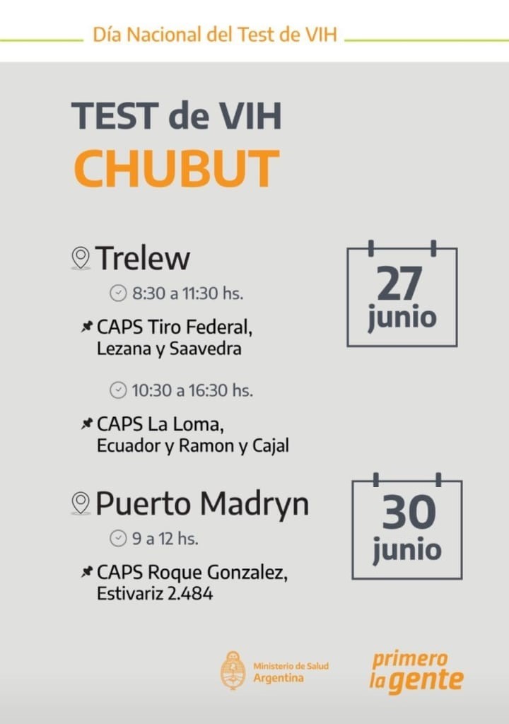 En conmemoración del Día Nacional del Test de VIH, se realizarán jornadas de testeo en Trelew y Puerto&nbsp;Madryn