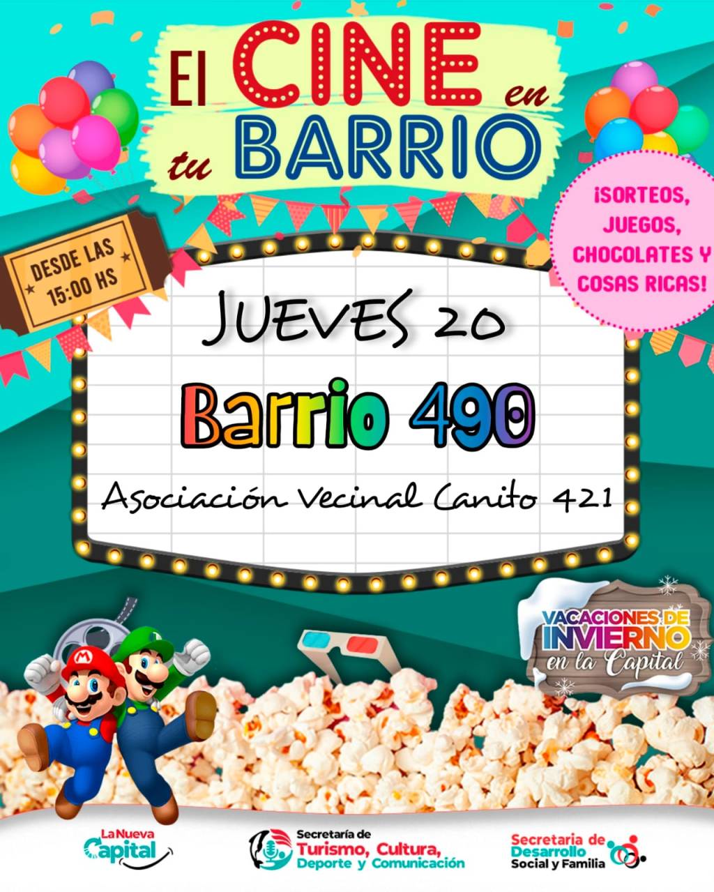 Vacaciones de invierno: Llega el “Cine en tu Barrio” al Centro Comunitario de las&nbsp;490