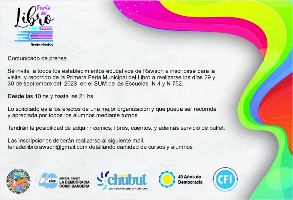 La Municipalidad invita a colegios de Rawson a participar de la primera Feria del&nbsp;Libro
