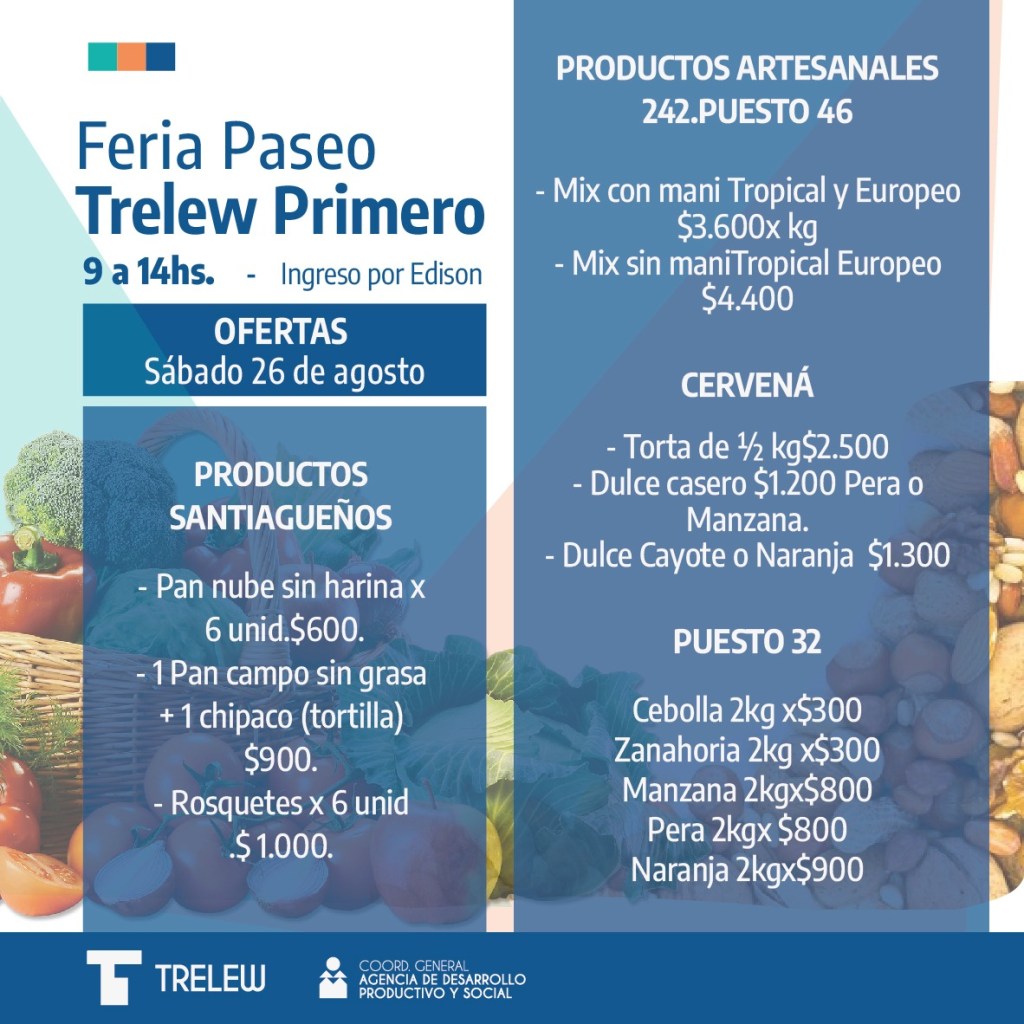 Más ofertas para este sábado en la Feria Paseo Trelew&nbsp;Primero