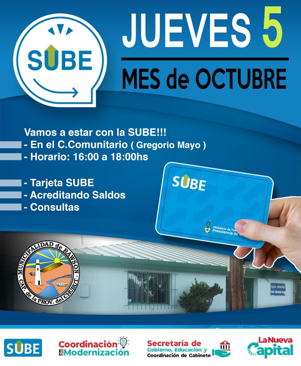 Rawson: convocan a vecinos al Centro Comunitario del barrio Gregorio Mayo para obtener la Tarjeta&nbsp;SUBE
