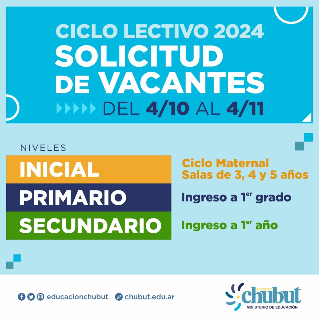 Educación: El Gobierno del Chubut comenzó la inscripción de vacantes para el Ciclo lectivo&nbsp;2024
