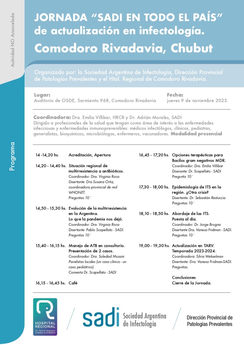 Salud: Provincia invita a participar de Jornada de Infectología que se realizará en Comodoro&nbsp;Rivadavia