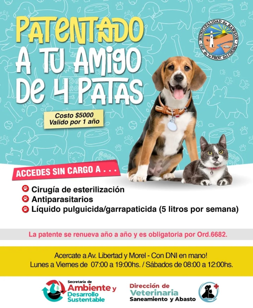 Continúa en vigencia el patentamiento obligatorio de mascotas en&nbsp;Rawson