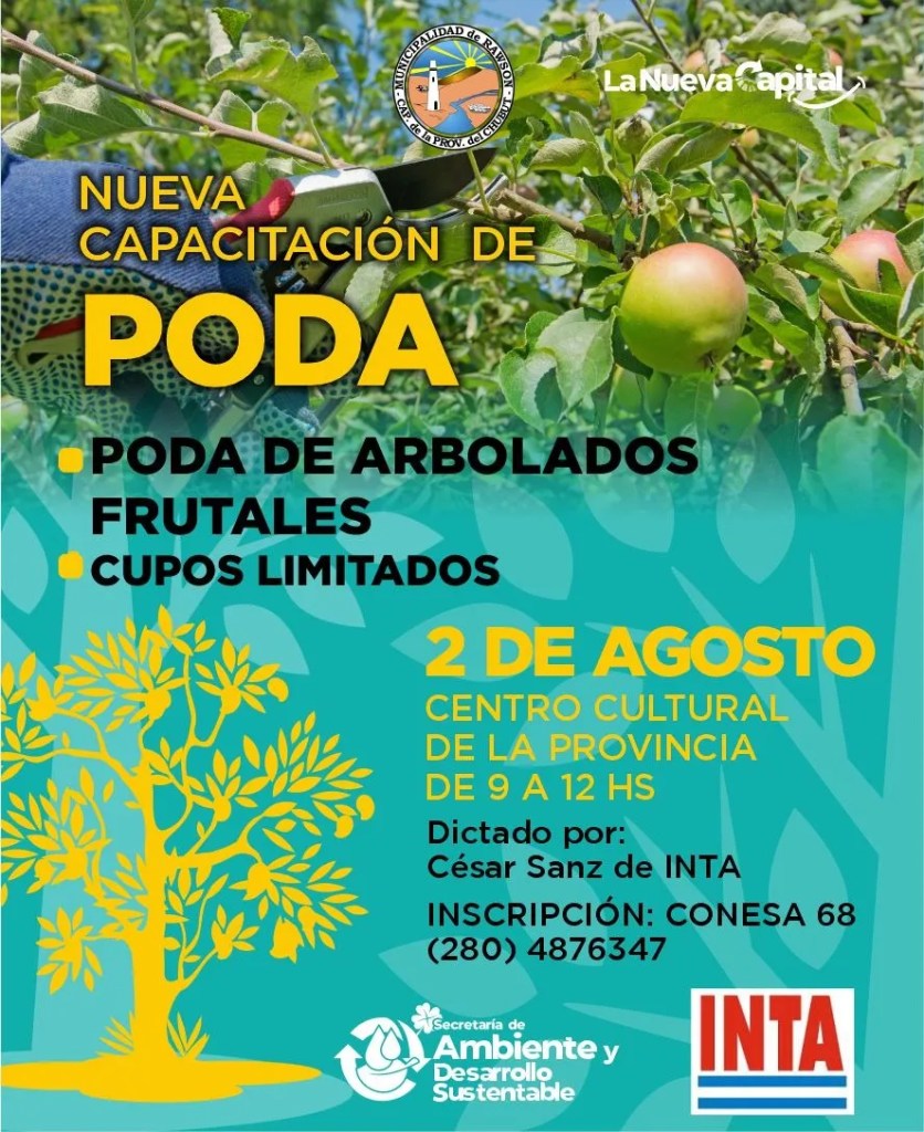 Rawson, capacitación gratuita, poda de árboles, INTA, Secretaría de Ambiente, desarrollo sustentable, Miguel Larrauri, Centro Cultural Provincial, herramientas de aprendizaje, Registro Único de Podadores