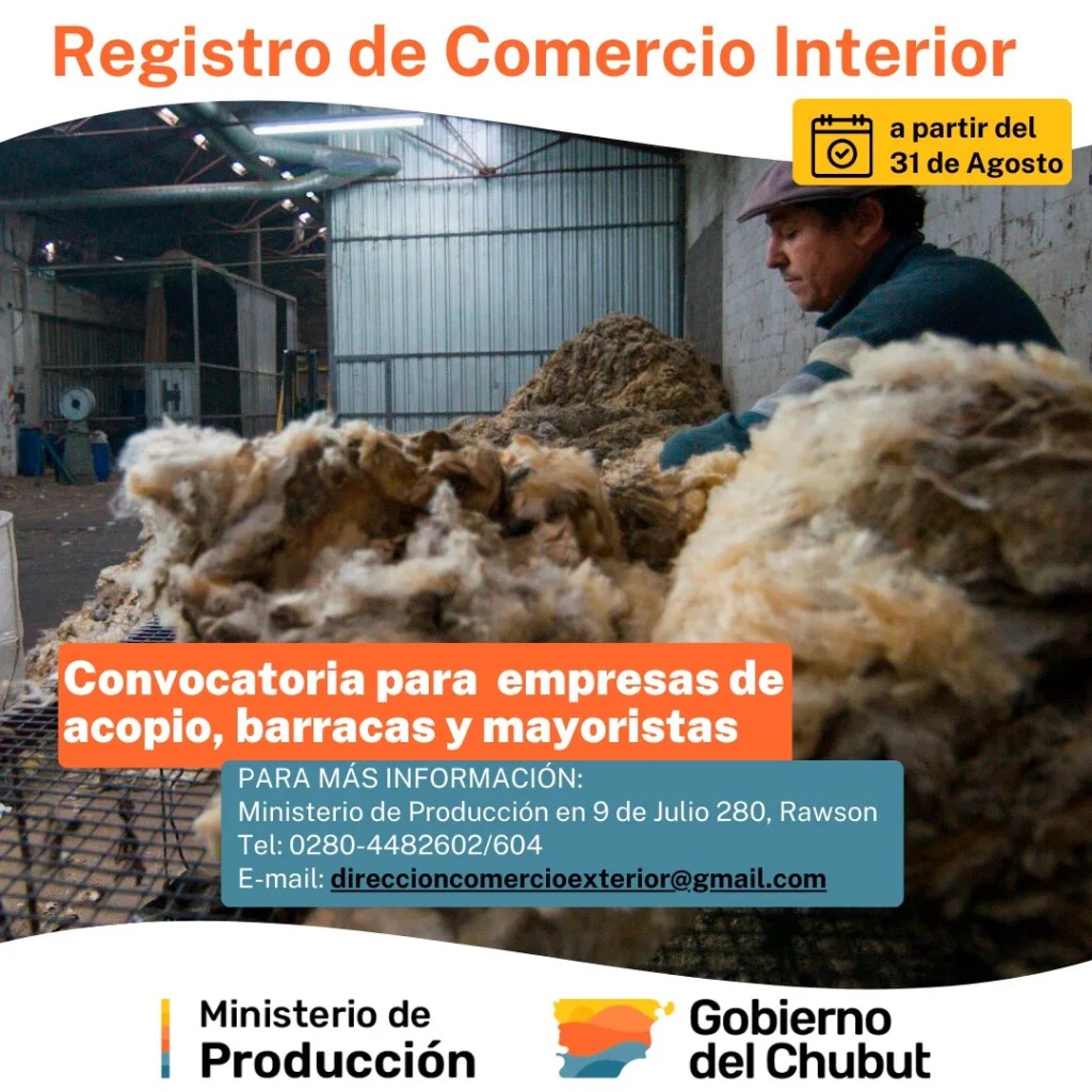 inscripción acopiadoras Chubut, acopiadoras productos pecuarios, registro Comercio Interior, Gobierno del Chubut, Ignacio Torres, Ministerio de Producción, sanciones y multas, Leyes IX Nº 16, Decreto Nº 1616/84, requisitos inscripción, acopiadoras barracas, mayoristas productos pecuarios, Constancia de Registro de Alimentantes Morosos, Certificado de Antecedentes Penales, legalidad comercial, control sector pecuario