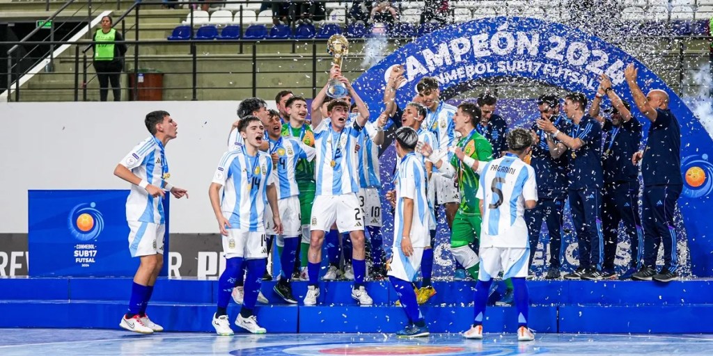 Argentina Sub 17, futsal, Sudamericano, bicampeón, Santiago Basile, Santino Paganini, Juan Baigorria, Brasil, final, título, selección argentina, fútbol sala, deportes, Sudamérica, campeones