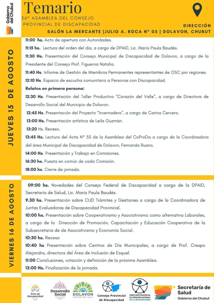 Asamblea COPRODIS, Chubut, Ignacio Torres, Dolavon, discapacidad, inclusión, accesibilidad, Consejo Provincial de Discapacidad, Secretaría de Salud, La Mercante, cooperativismo, asociativismo, Centros de Día Municipales, CUD, Juntas Evaluadoras de Discapacidad, participación comunitaria, Gobierno del Chubut, derechos de personas con discapacidad