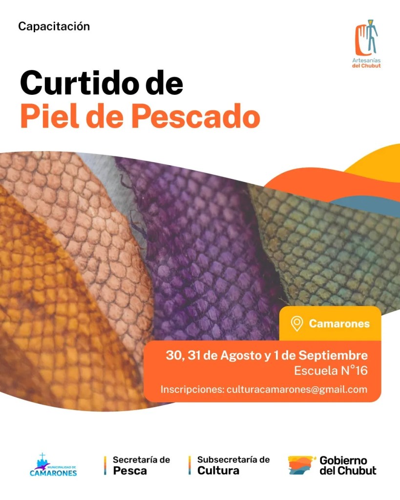 Camarones, curtido de piel de pescado, artesanías, diseño local, capacitación, Subsecretaría de Cultura, Secretaría de Pesca, Gobierno del Chubut, Mónica Chacano, industria pesquera, cuero artesanal, sostenibilidad, valor agregado, economía local, marroquinería