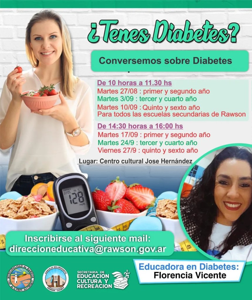 diabetes, charlas informativas, Rawson, Centro Cultural José Hernández, Mariela Tamame, Dulio Monti, prevención, educación, salud, estudiantes secundarios, concientización, Municipalidad de Rawson, Florencia Vicente, nivel secundario, actividades educativas, salud pública