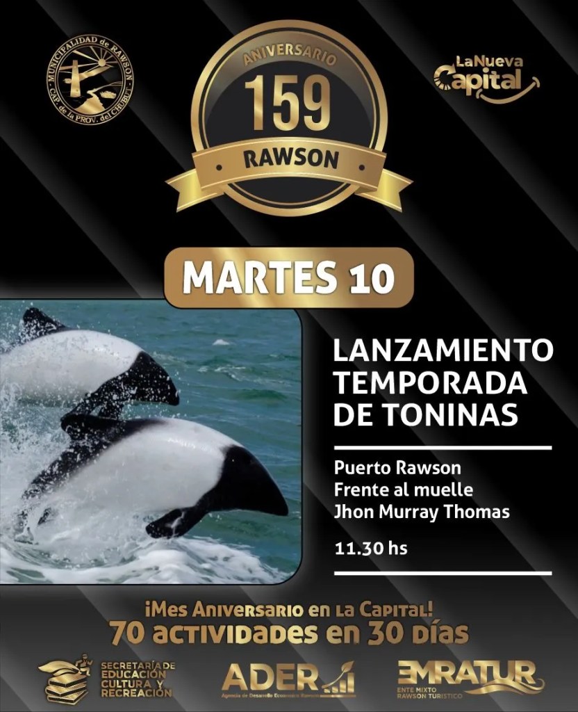 avistaje de toninas, Rawson, Puerto de Rawson, turismo en Rawson, delfines patagónicos, Playa Unión, Ente Mixto Rawson Turístico, EMRaTur, Natalia García, turismo sustentable, temporada de toninas, mes aniversario Rawson, avistaje de fauna marina, paseo náutico, turismo en Chubut