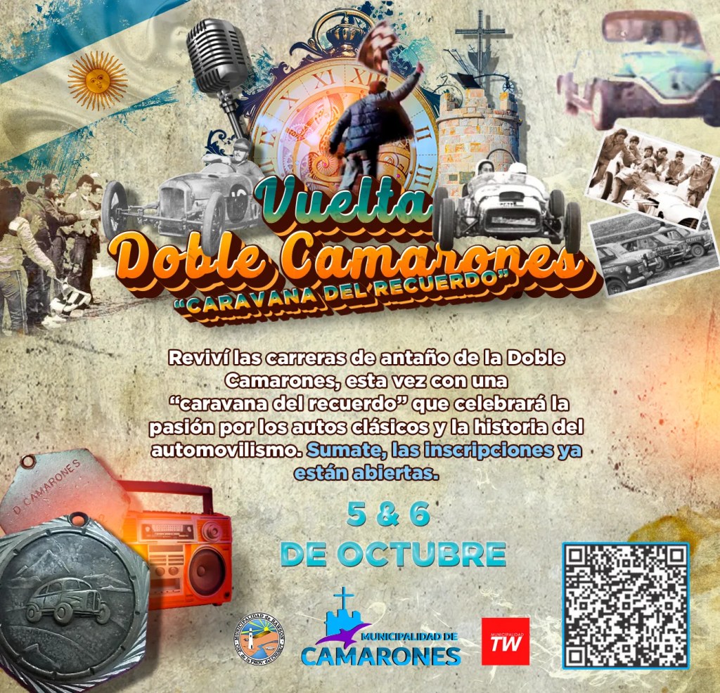 Vuelta Doble Camarones, automovilismo clásico, Caravana del Recuerdo, Rawson, Trelew, Camarones, Ruta Provincial 1, autos antiguos, aniversario de Camarones, Natalia García, EMRaTur, inscripción online, turismo patagónico, cultura automovilística, Patagonia, evento regional