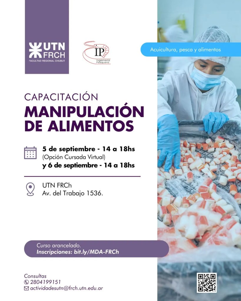 UTN Chubut, manipulación de alimentos, curso de seguridad alimentaria, modalidad mixta, formación en alimentos, higiene alimentaria, capacitación laboral, Facultad Regional Chubut, Extensión y Vinculación Tecnológica, inscripción abierta, Zoom, curso presencial, seguridad alimentaria, salud pública, prácticas laborales
