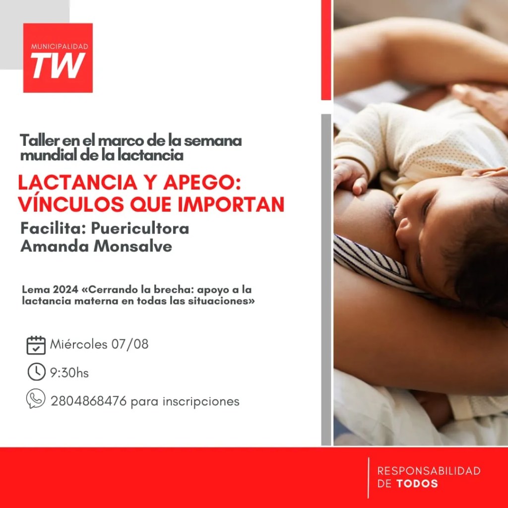lactancia materna, taller de lactancia, apego seguro, Semana Mundial de la Lactancia Materna, Trelew, Amanda Monsalve, puericultura, desarrollo infantil, maternidad, crianza, apoyo a madres, Centro Integral de la Mujer, Secretaría de Desarrollo Humano y Comunitario, políticas inclusivas, salud materna