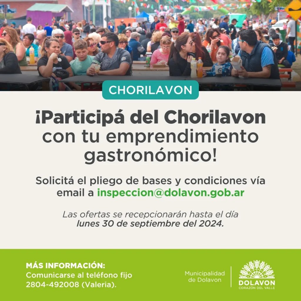 Fiesta del Chorizo, Dolavon, gastronomía, puestos gastronómicos, evento popular, compulsa de precios, Fiesta del Chorizo 2024, pliego de bases, tradición gastronómica, cultura Dolavon, turismo gastronómico, feria popular, expositores, economía local, inscripción Fiesta del Chorizo
