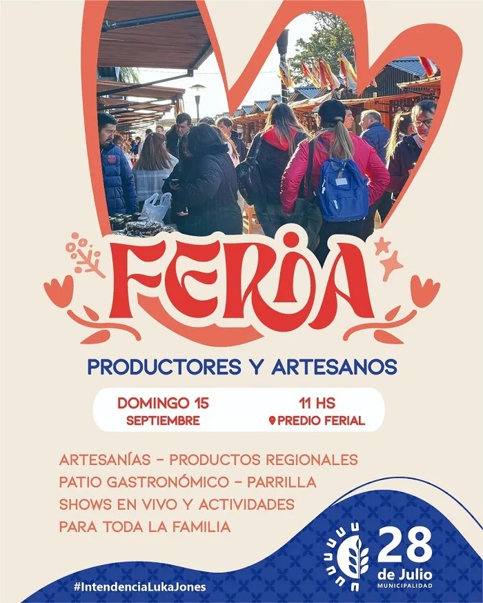 Feria de productores, artesanos, 28 de Julio, Valle Inferior del Río Chubut, gastronomía local, música en vivo, folclore, cocina en vivo, Fiesta del Novillito, eventos, turismo, cultura, Mara Gómez, Cristhian Blanco, Ecos del Chamamé, Sin Ensayo, entrada gratuita