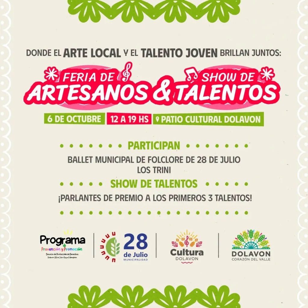 feria Dolavon, show de talentos Dolavon, artesanos y emprendedores, Ballet Municipal de Folklore, Los Trini, evento cultural, feria de productores, turismo en Dolavon, Dante Bowen, cultura en el valle, actividades en familia, música en vivo, danza folklórica, feria de artesanos, cultura local