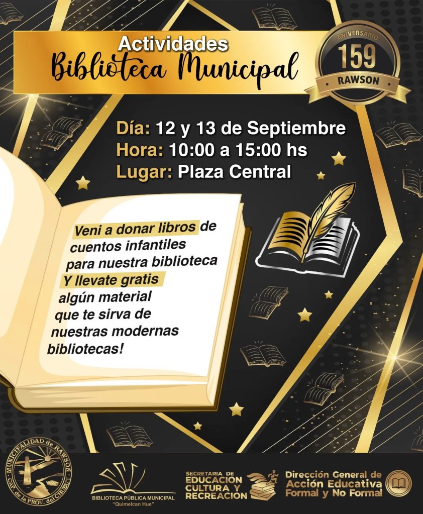 feria del libro, Rawson, lectura, intercambio de libros, Plaza Guillermo Rawson, biblioteca móvil, libros infantiles, fomento de la lectura, cultura, Mariela Tamame, educación, recreación, Secretaría de Educación, donación de libros, literatura