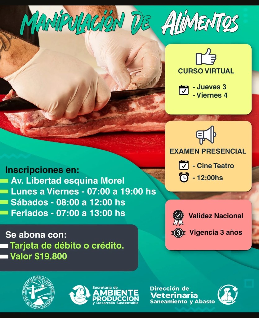 Rawson, manipulación de alimentos, curso virtual, capacitación, examen presencial, Noelia Sánchez, Centro Cultural José Hernández, seguridad alimentaria, inscripción, accesibilidad, salud pública, certificación nacional, Municipalidad de Rawson, comunidad, Veterinaria, curso online