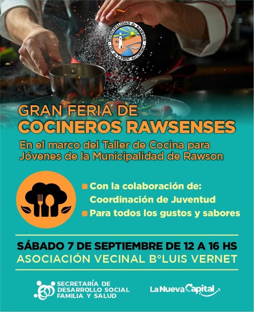 Rawson, Taller de Cocina, Feria de Cocineros, juventud, emprendimientos, gastronomía, feria gastronómica, Jonathan Biss, Mónica de la Fuente, Asociación Vecinal Luis Vernet, salida laboral, emprendimientos juveniles, Municipalidad de Rawson, formación gastronómica, feria solidaria