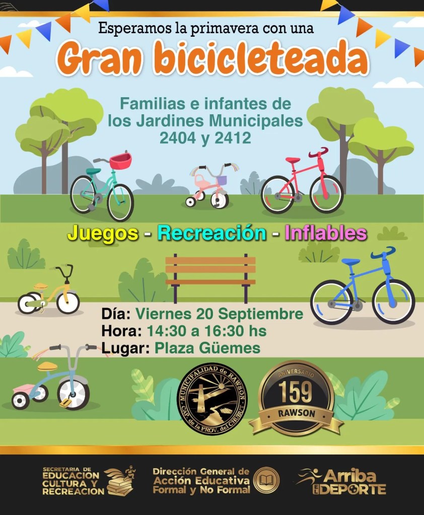 Rawson, bicicleteada infantil, Jardines de Infantes Municipales, aniversario de Rawson, hábitos saludables, actividad física, Plaza Güemes, seguridad vial, juegos recreativos, infancias, Mariela Tamame, dirección de deportes, tránsito y transporte, bicicletas, evento gratuito, educación formal y no formal